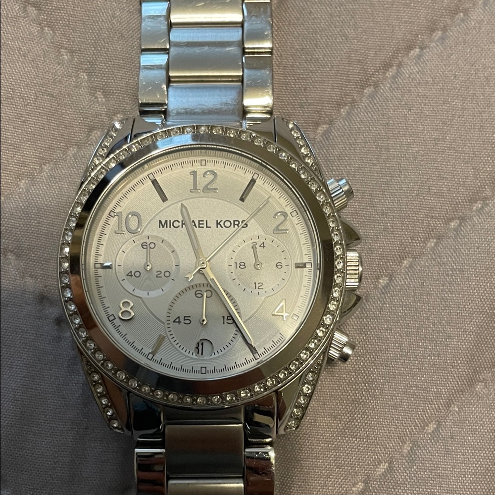 Michael Kors Silver Chronograph Watch with Crystal Details